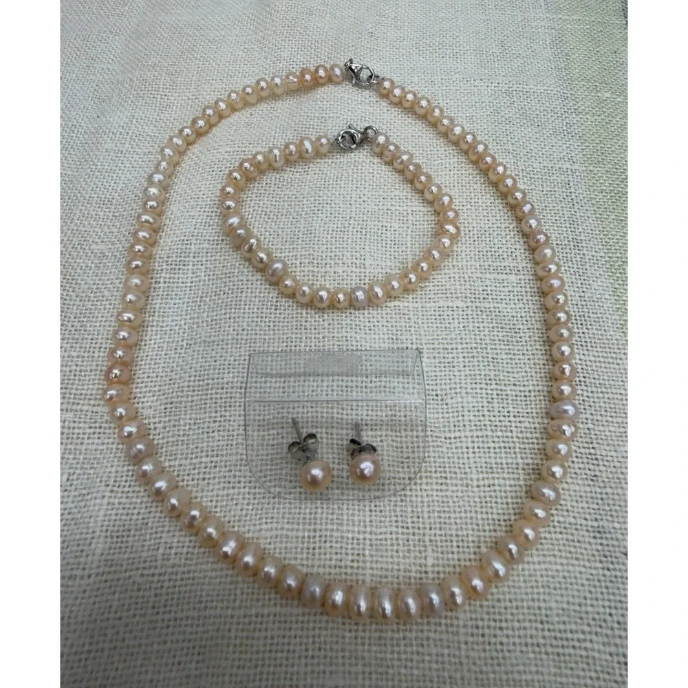 Child's Freshwater Pearl Necklace Bracelet Earrings Set 925 Sterling Silver
